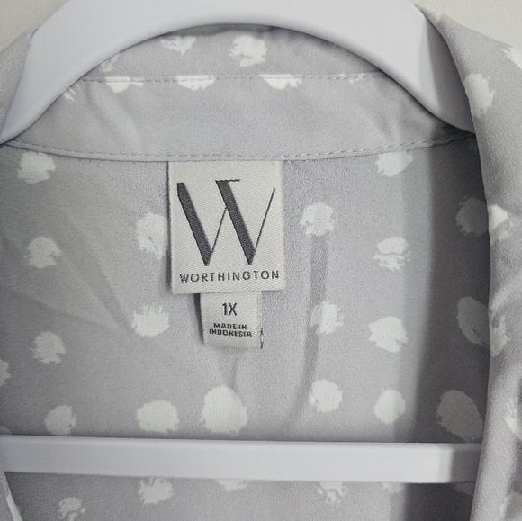 Pastel Light Purple Gray White Polka Dots Loose Fit Cropped Button Down Office - Picture 2 of 3